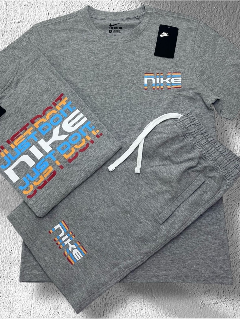 Nike Grey Heather Tee & short Set with Multicolor Logo